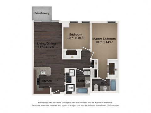 Floor plan for 2 beds, 2 baths, 1006 sqft